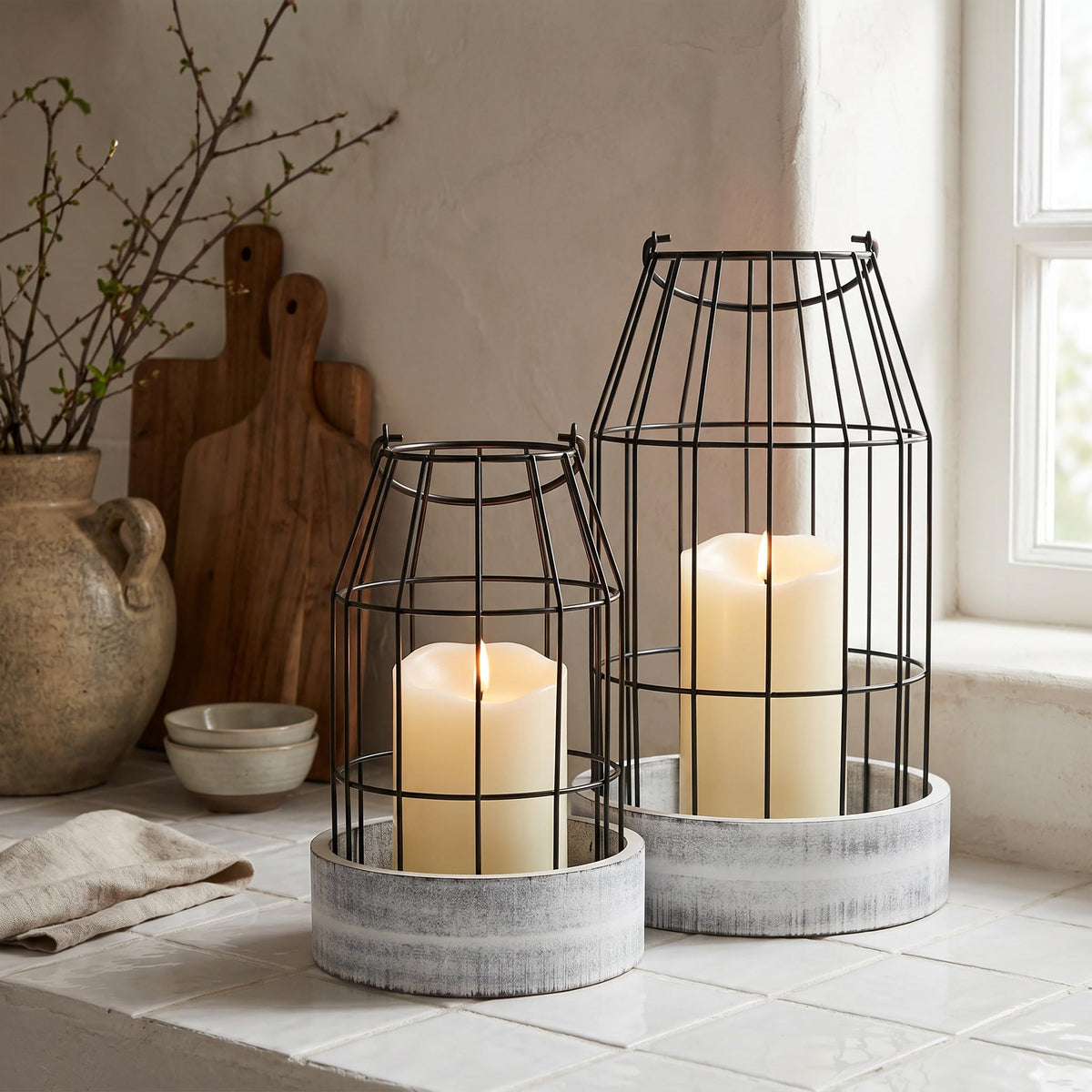 KIBAGA lantern white wood stand viewed from side for mantels