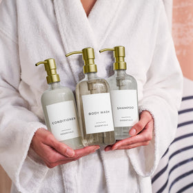 KIBAGA matte-black PET bottles add spa-like decor.