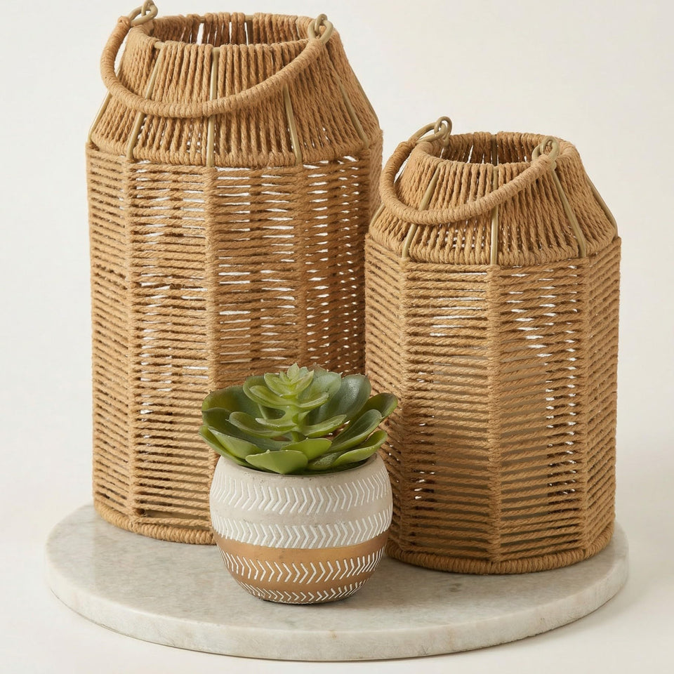 KIBAGA natural jute lantern large casts warm patterns on the coffee table