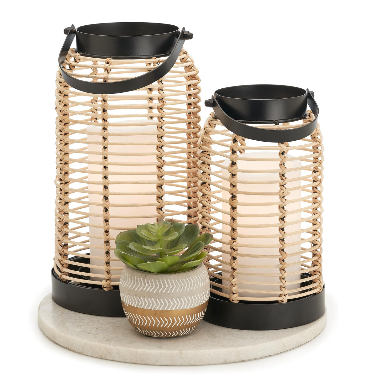 KIBAGA large rattan lantern front view for cozy living room glow