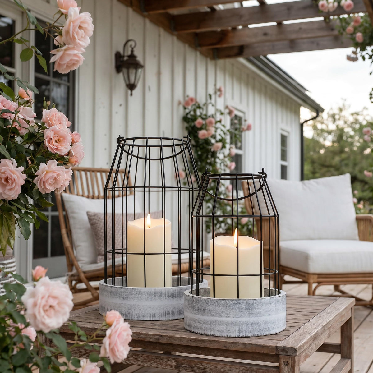 KIBAGA rustic farmhouse lantern large with white wood stand as centerpiece