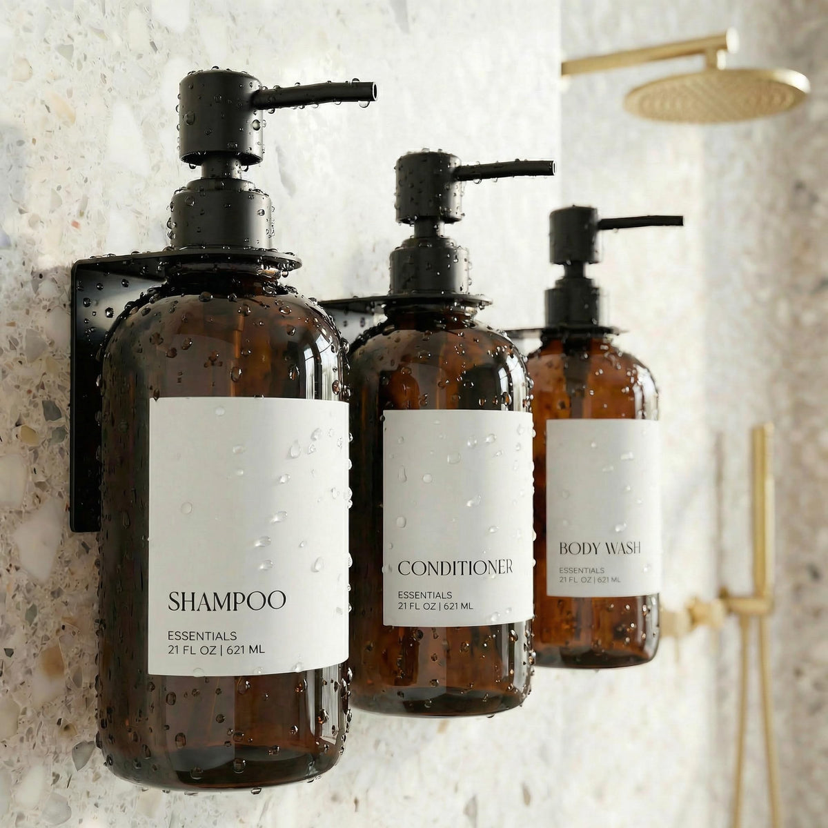 KIBAGA wall-mounted dispenser set keeps shower products neatly accessible.