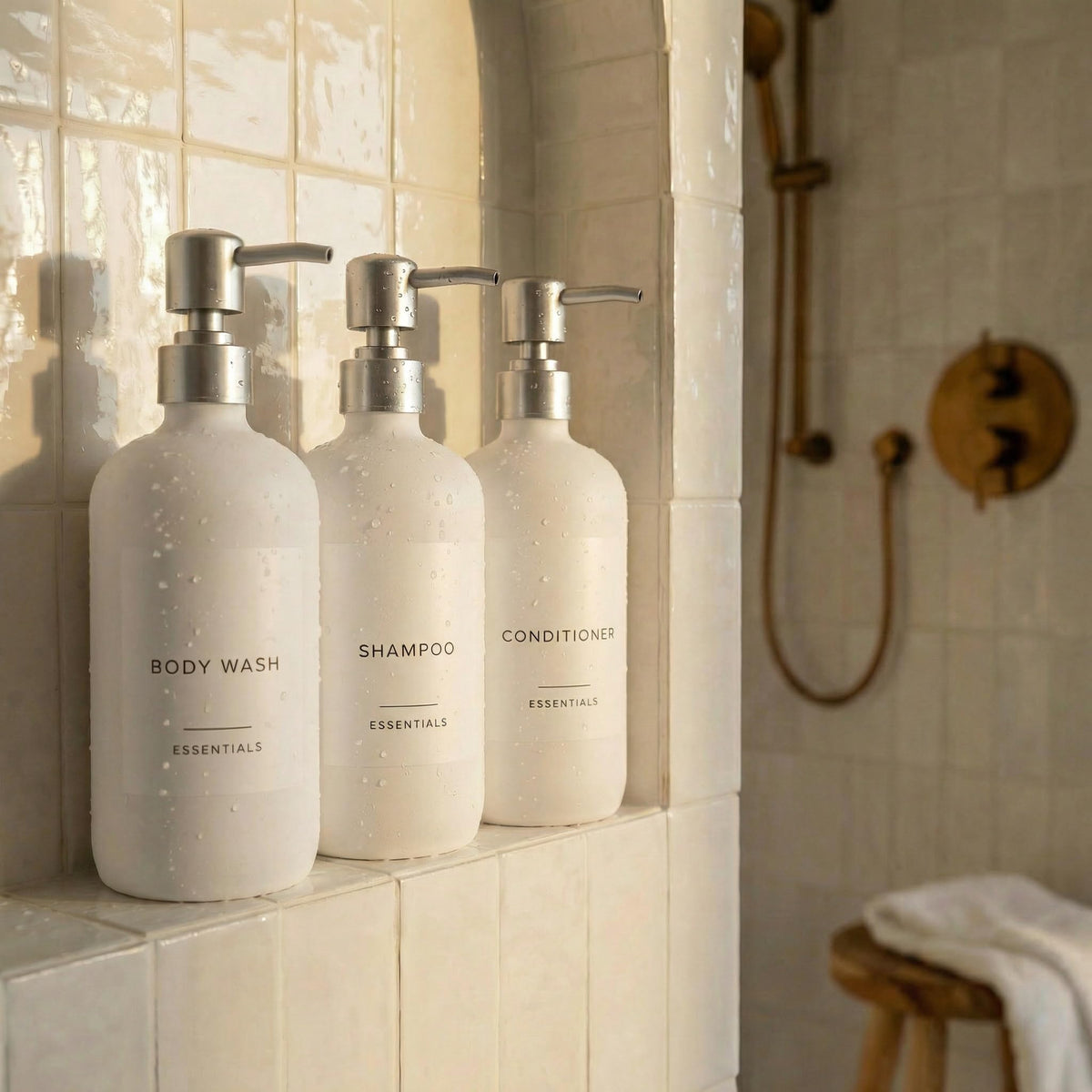 KIBAGA stylish shampoo dispenser set-3 bottles for organized bathroom storage