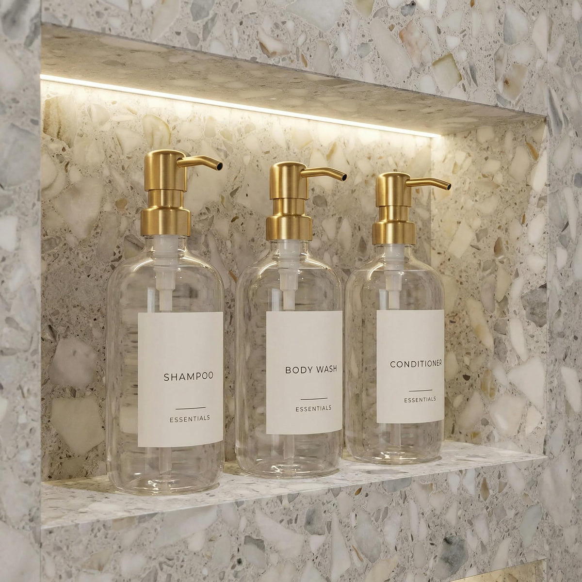 KIBAGA stylish shampoo dispenser set enhances organized bathroom display.