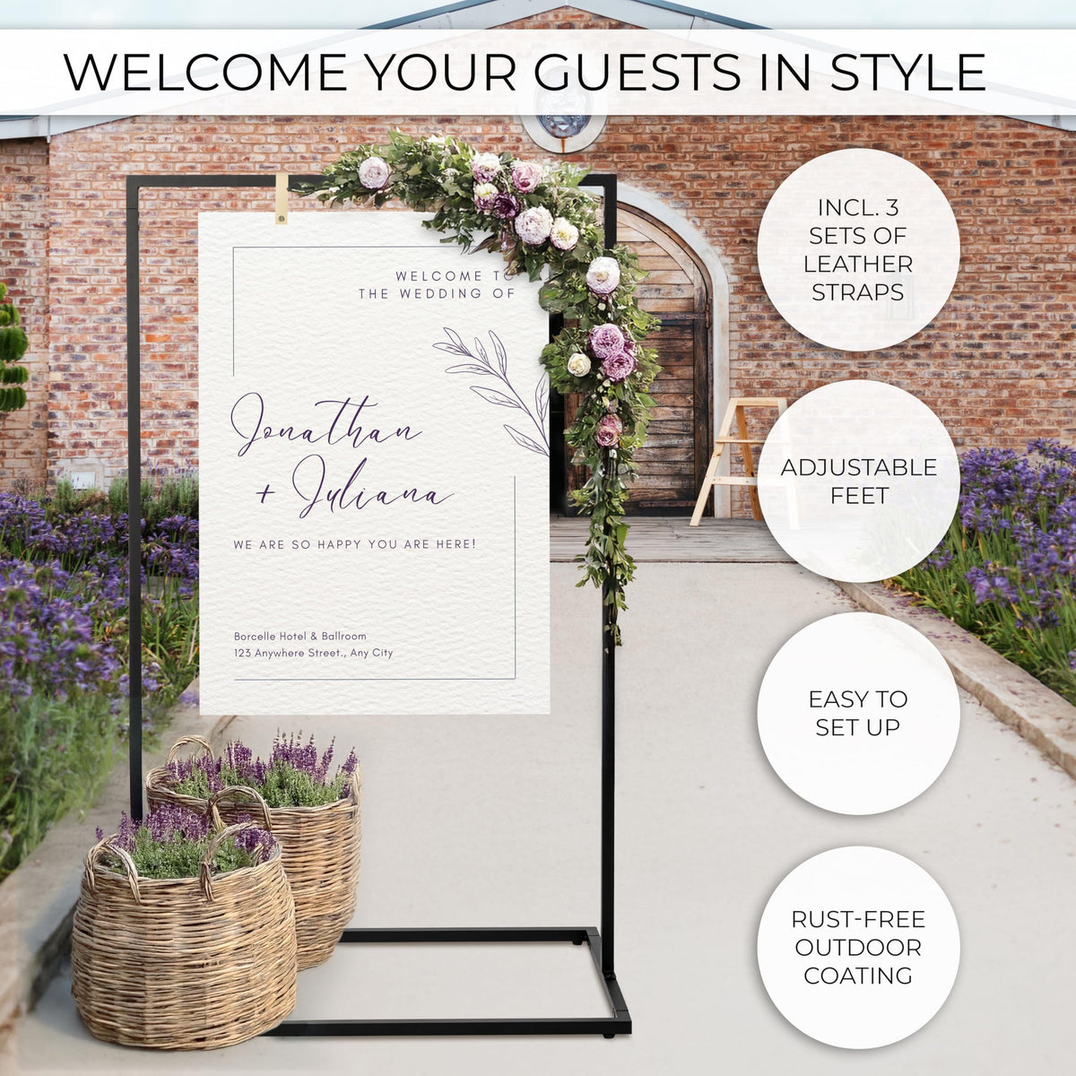 KIBAGA wedding sign stand base details, compact stability for outdoor venues.