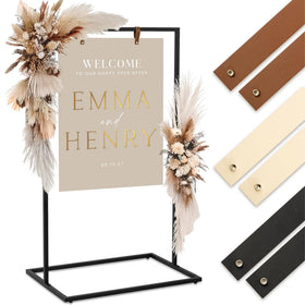 KIBAGA wedding sign stand front view, elegant black metal for a grand entrance.