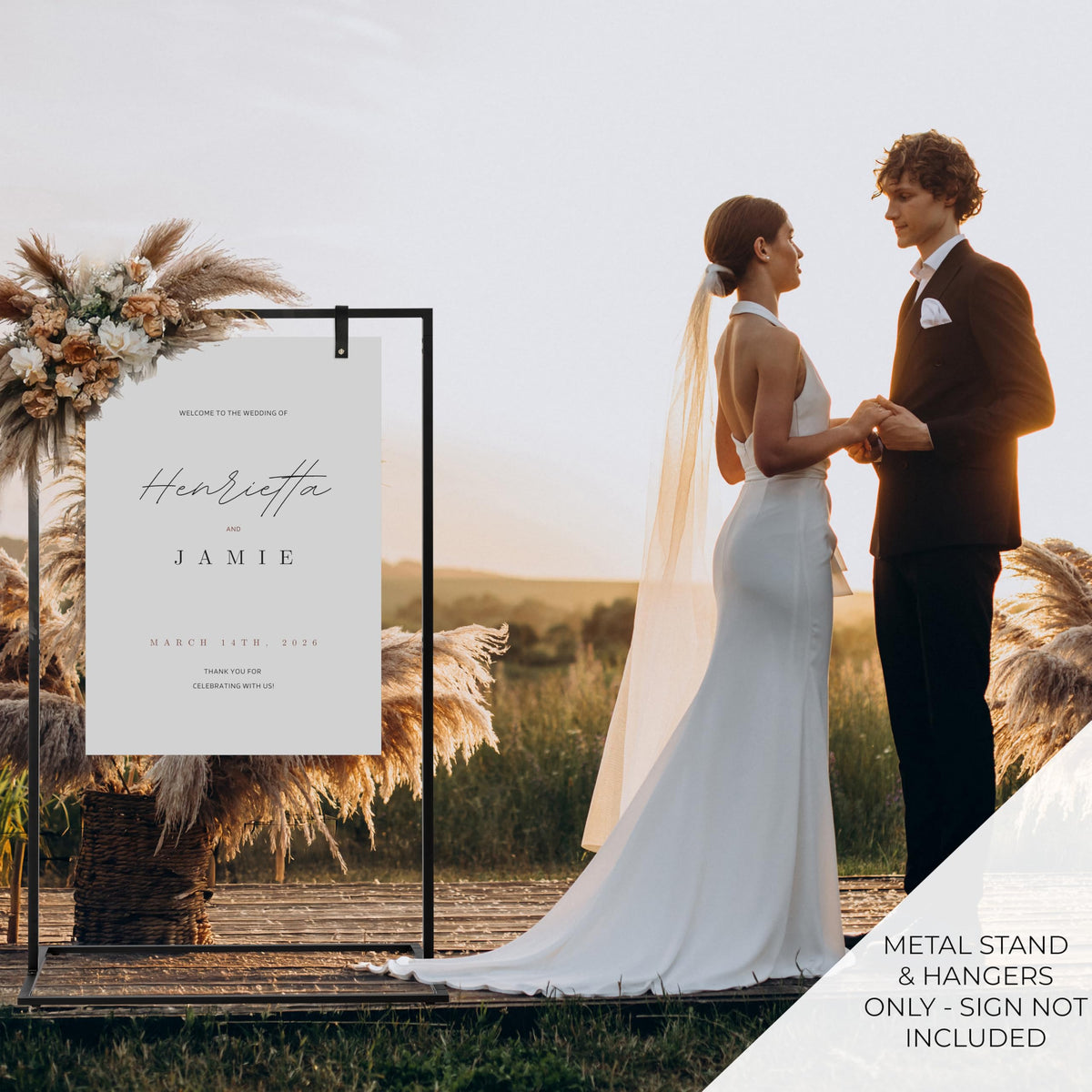 KIBAGA wedding sign stand side view, sturdy frame ideal for seating charts.