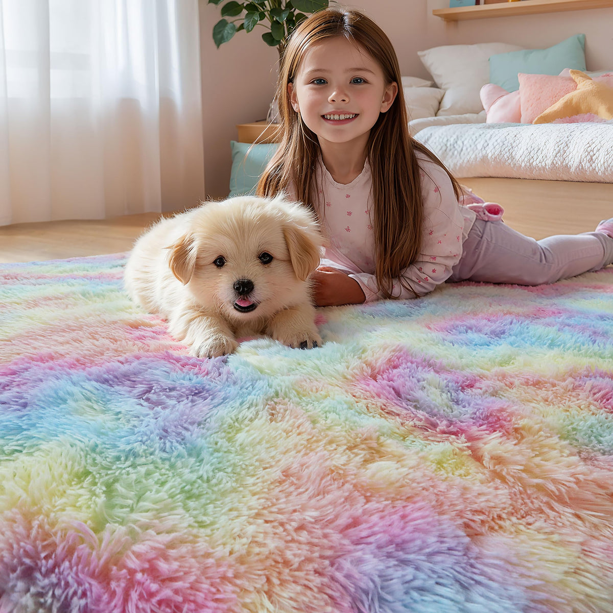 KICHOWUA pastel shaggy rug adding warmth to a bedroom or living space