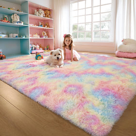 KICHOWUA rainbow shaggy unicorn rug 6x9 enhances a girl's room with cozy texture.