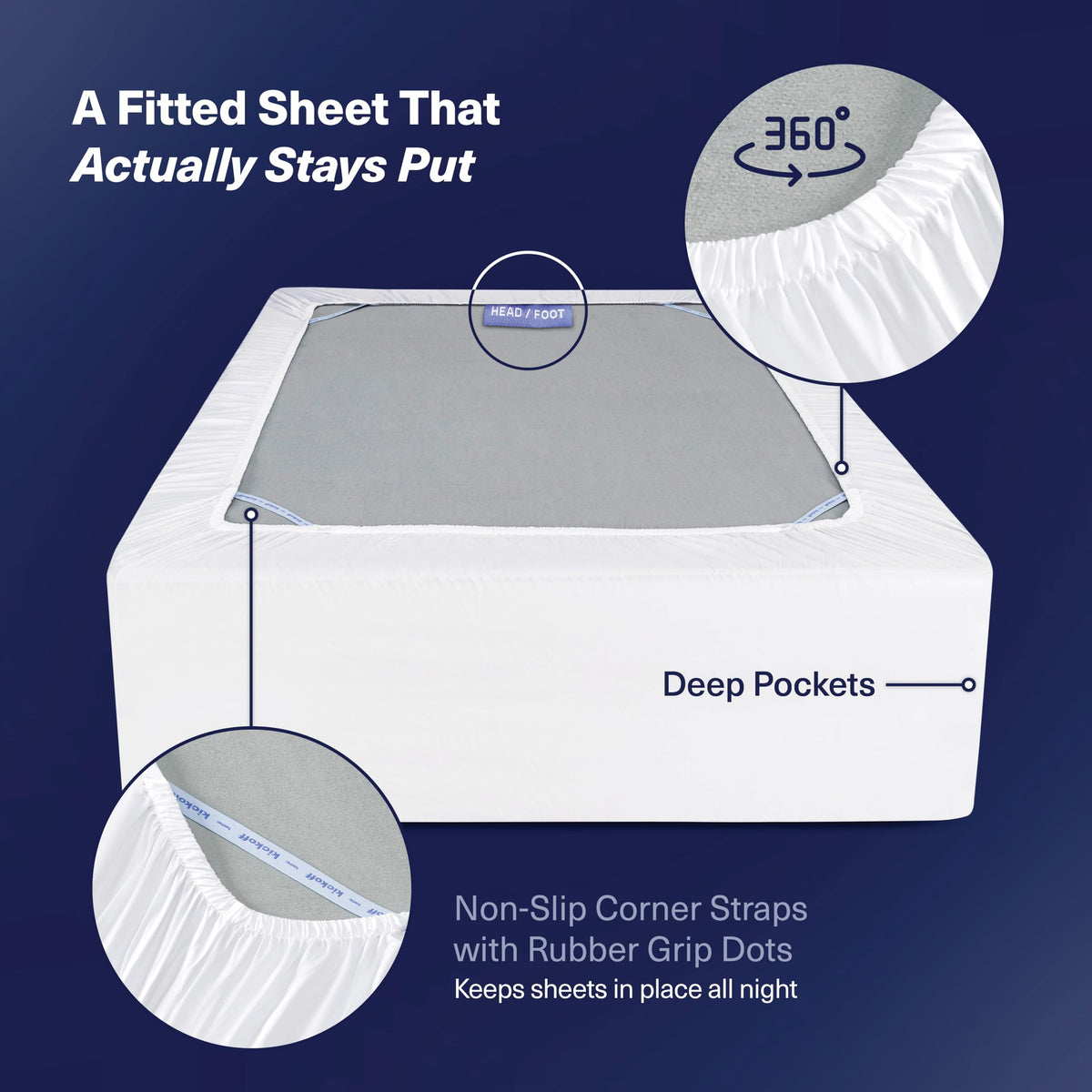Kickoff Home SleepTight elastic straps secure the deep-pocket king sheet.
