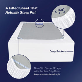 Kickoff Home SleepTight elastic straps secure the deep-pocket king sheet.