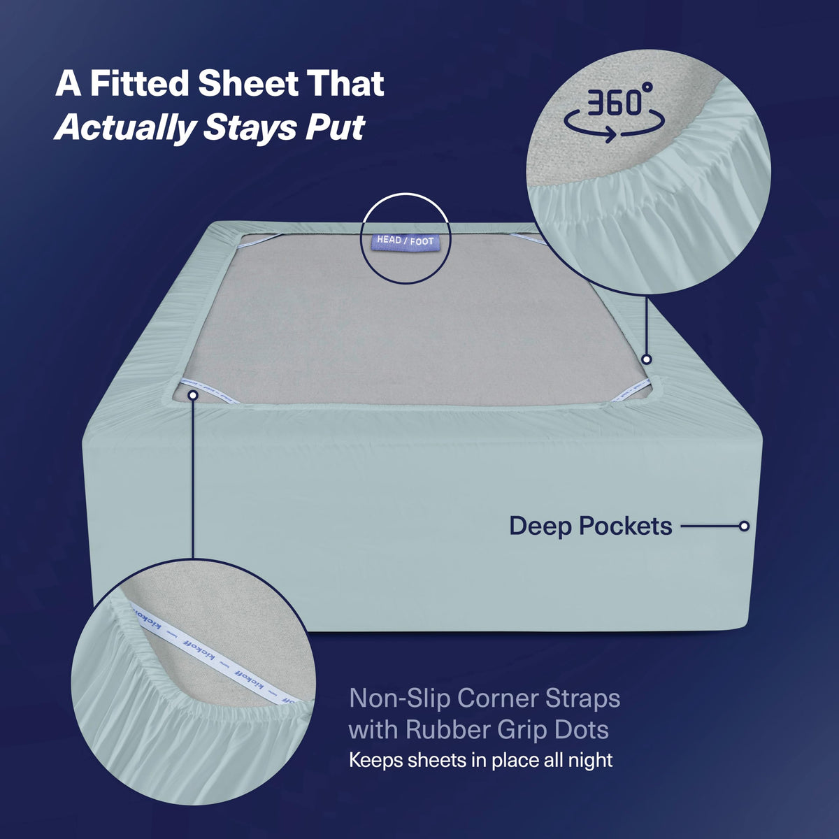 Kickoff Home SleepTight elastic corners ensure snug, non-slip fit