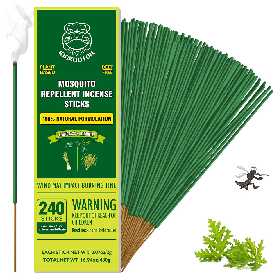 KICKOUTOR mosquito incense stick on patio offers extended 1-hour burn against mosquitoes.