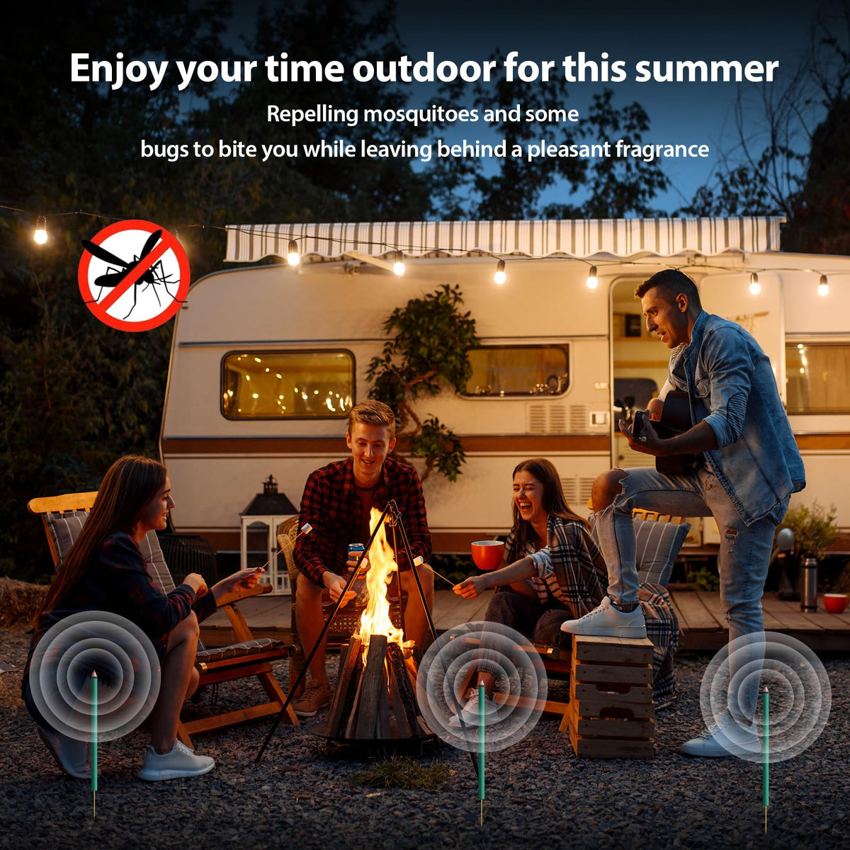 Kickoutor sticks arranged around a space provide perimeter insect protection