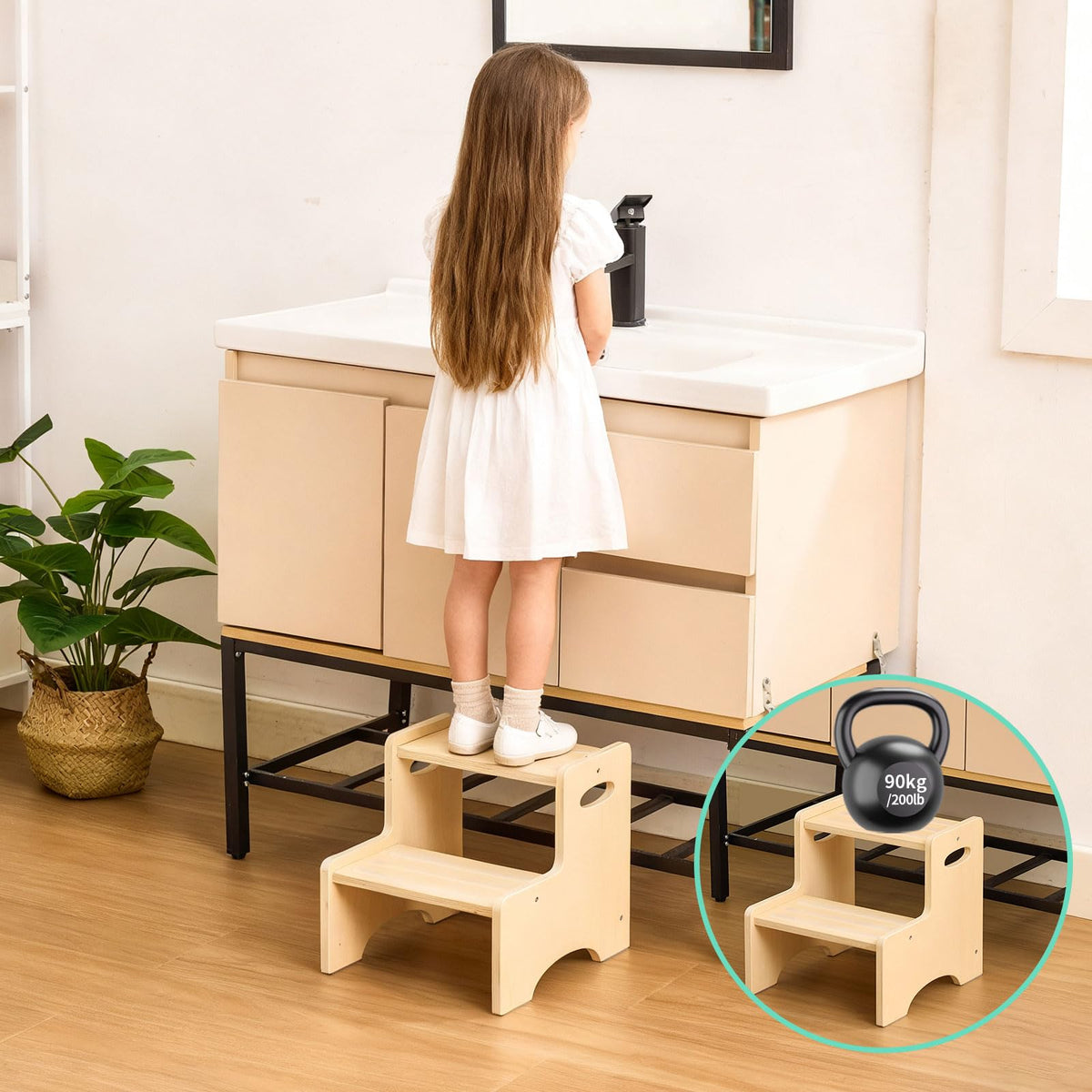 KIDL toddler step stool’s non-slip pads keep it steady on bathroom floors.