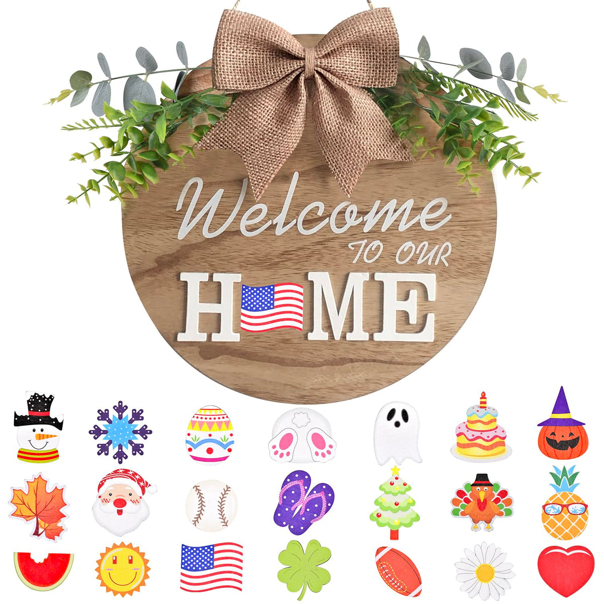 KIDNEAR welcome home sign on wooden 12-inch hanger for year-round porch decor.