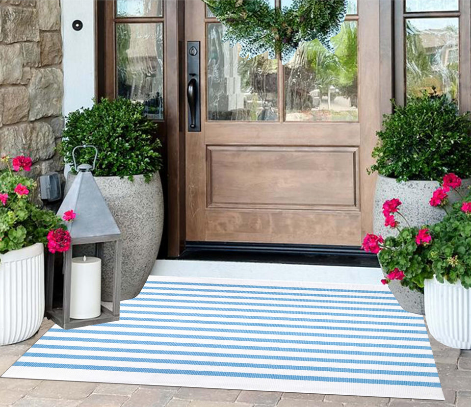 KIhipIoe 2x4 outdoor rug in light blue and white stripes for a welcoming front porch