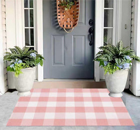 KIhipIoe buffalo plaid outdoor rug on front porch with washable convenience