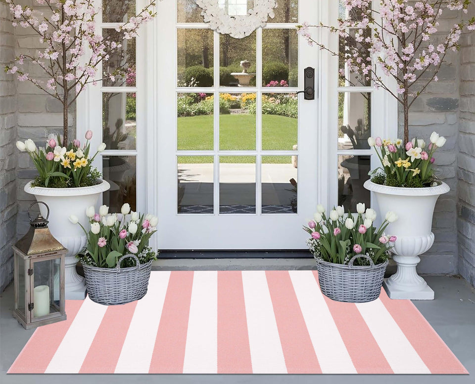 KIhipIoe front door mat with pink and white stripes; durable cotton for high-traffic entrances.