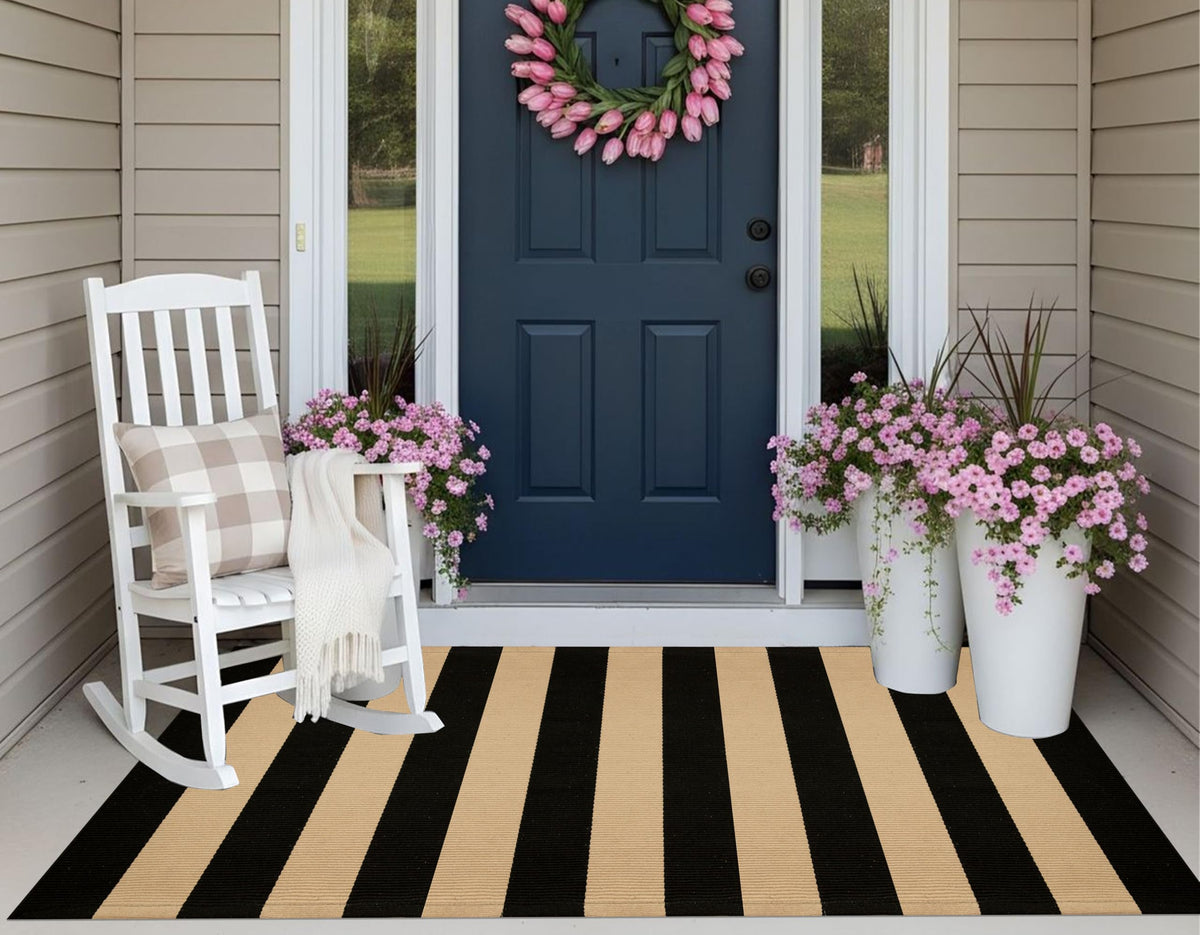 KIhipIoe striped front-door rug with durable cotton weave for outdoor use