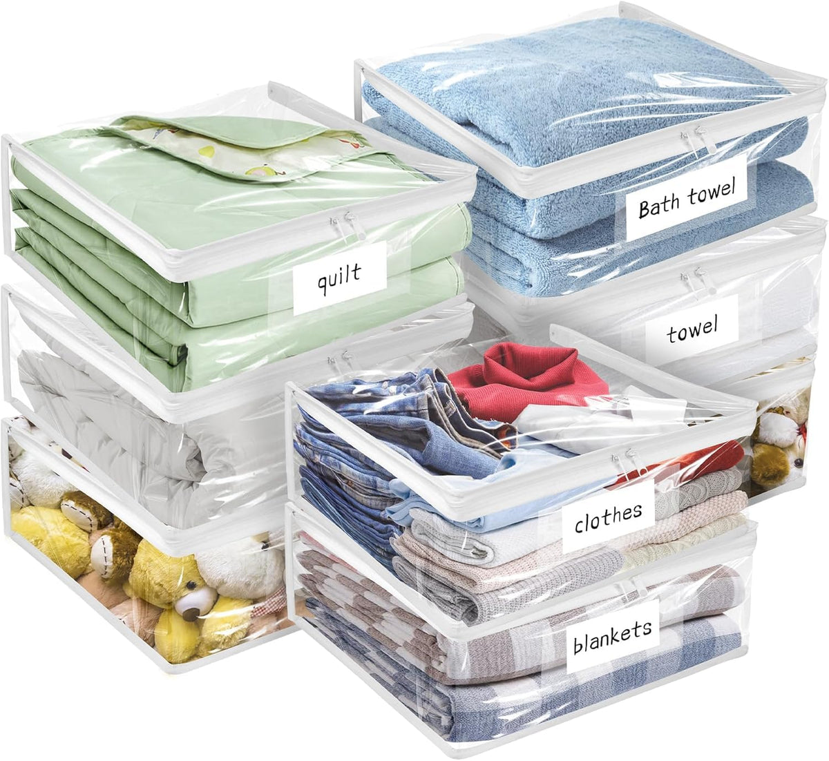 Kikerike clear zippered bag in closet showing visible contents.