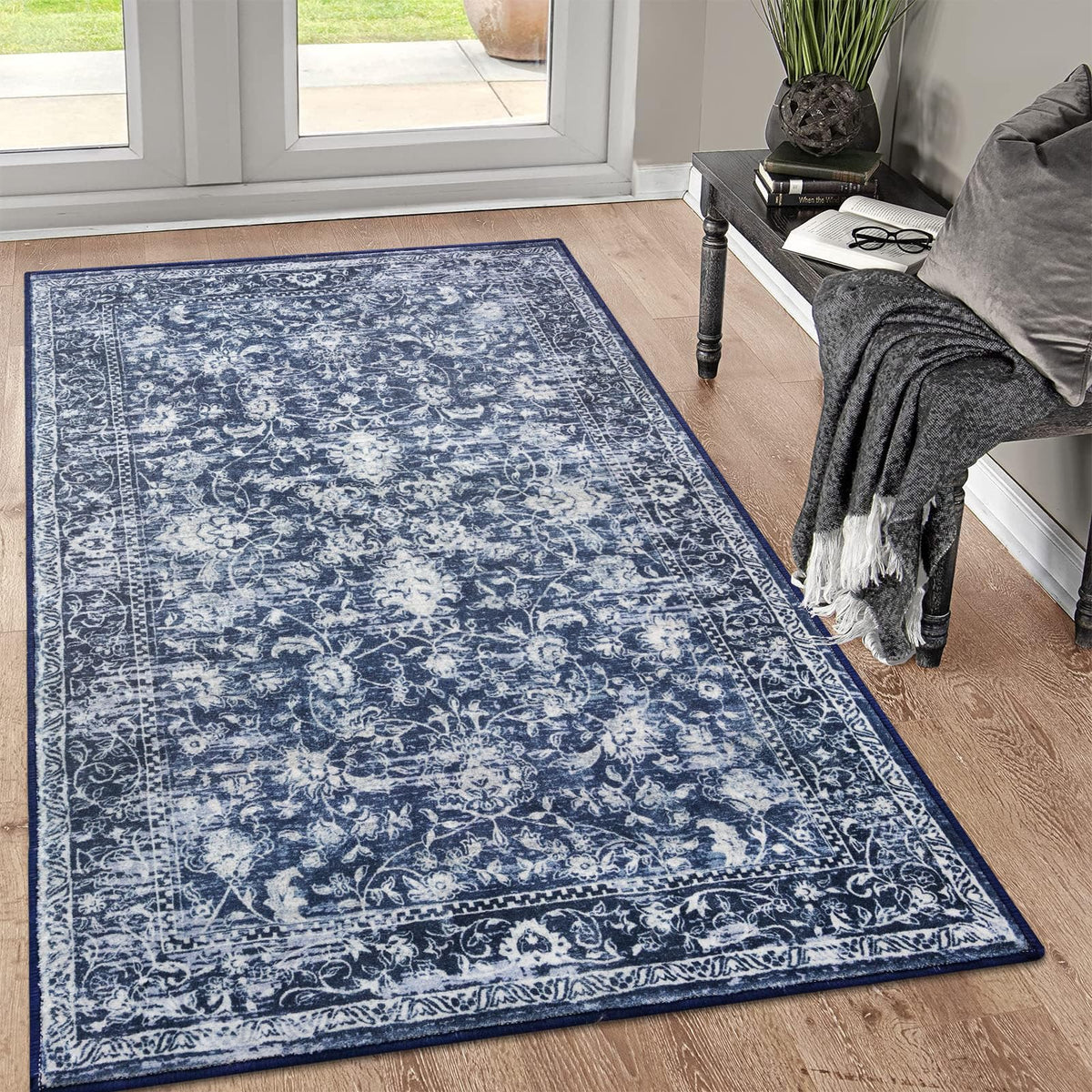 KILOCOCO 3x5 area rug with navy floral print adds style to entryways and living spaces.