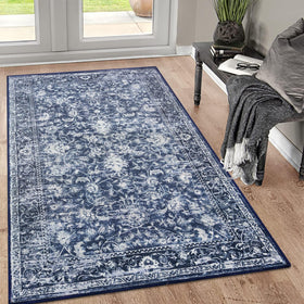KILOCOCO 3x5 area rug with navy floral print adds style to entryways and living spaces.