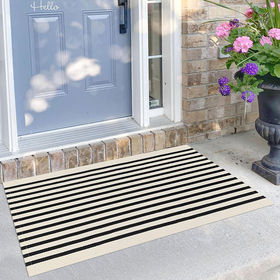 KILOCOCO beige striped rug for front porch enhances curb appeal and durability