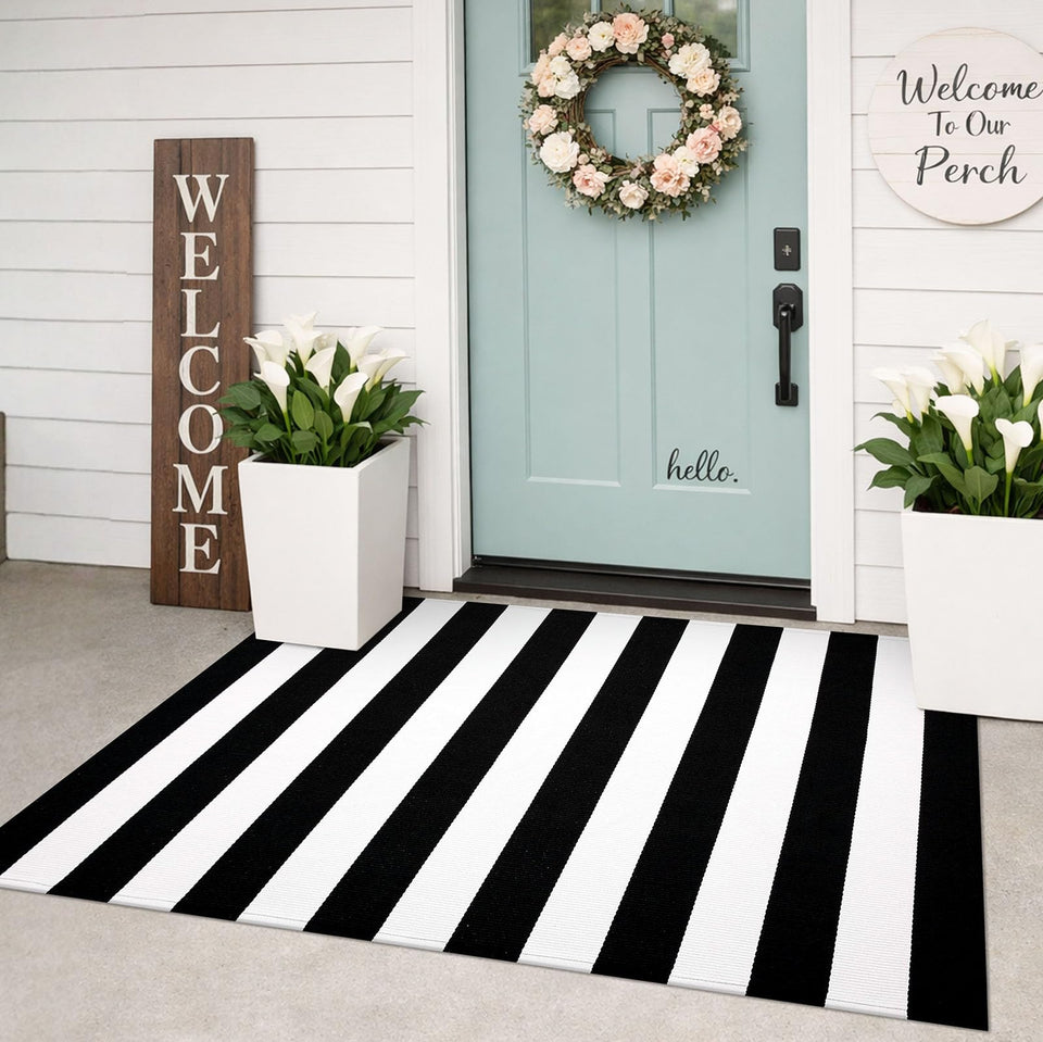 KILOCOCO black white striped rug for 3x5 front door, durable and easy to clean.