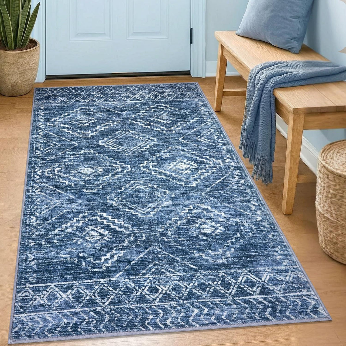 KILOCOCO Boho entryway rug 3x5 shows soft pile and blue geometry for warmth