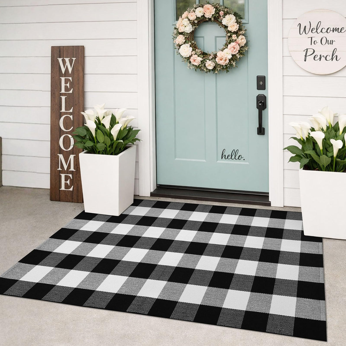 KILOCOCO buffalo plaid rug at the front door enhances curb appeal while protecting floors.
