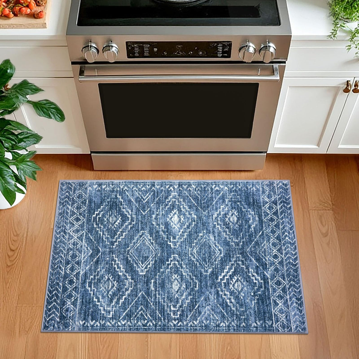 KILOCOCO blue geometric rug adds modern style to foyers while remaining easy to clean.