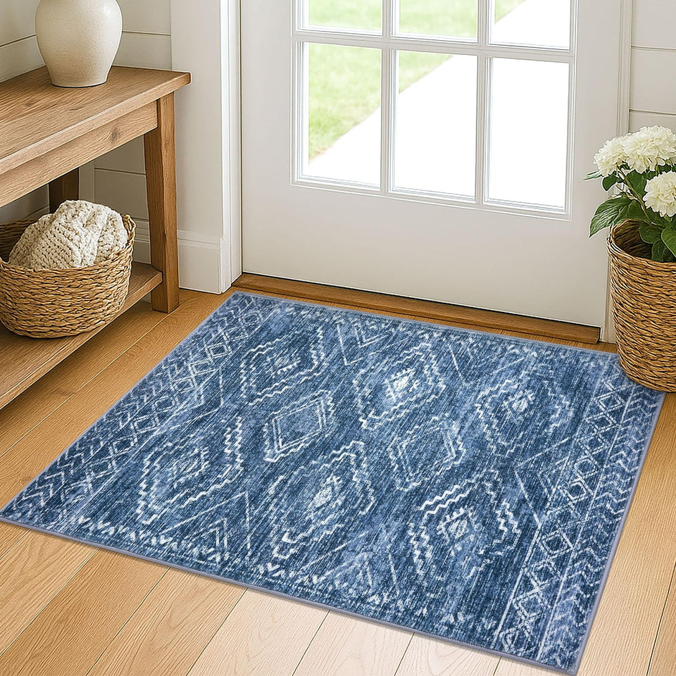 KILOCOCO Entryway Rug with blue geometric print, ideal for trapping dirt at the doorway.