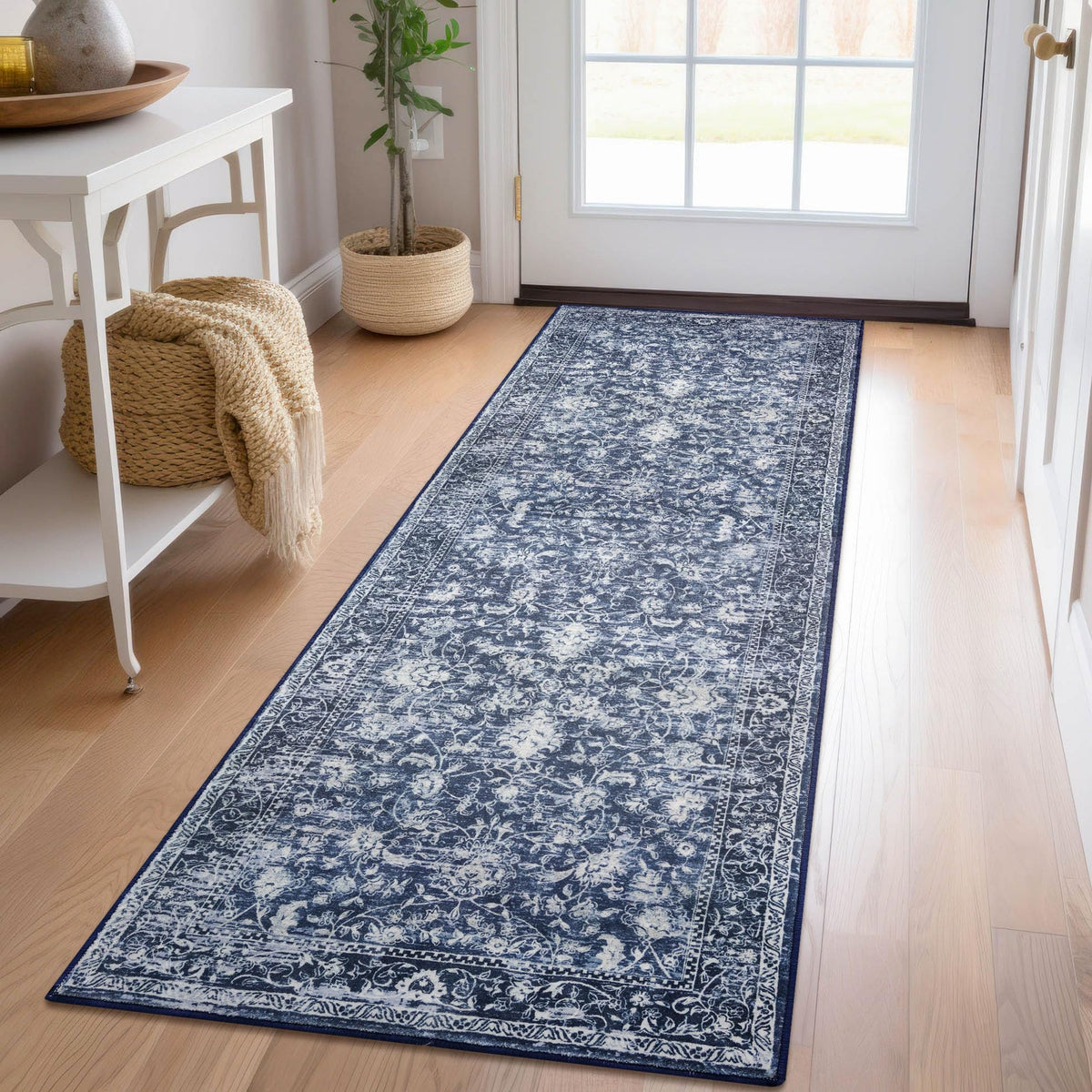 KILOCOCO hallway runner blue floral pattern ideal for hallways and entryways.