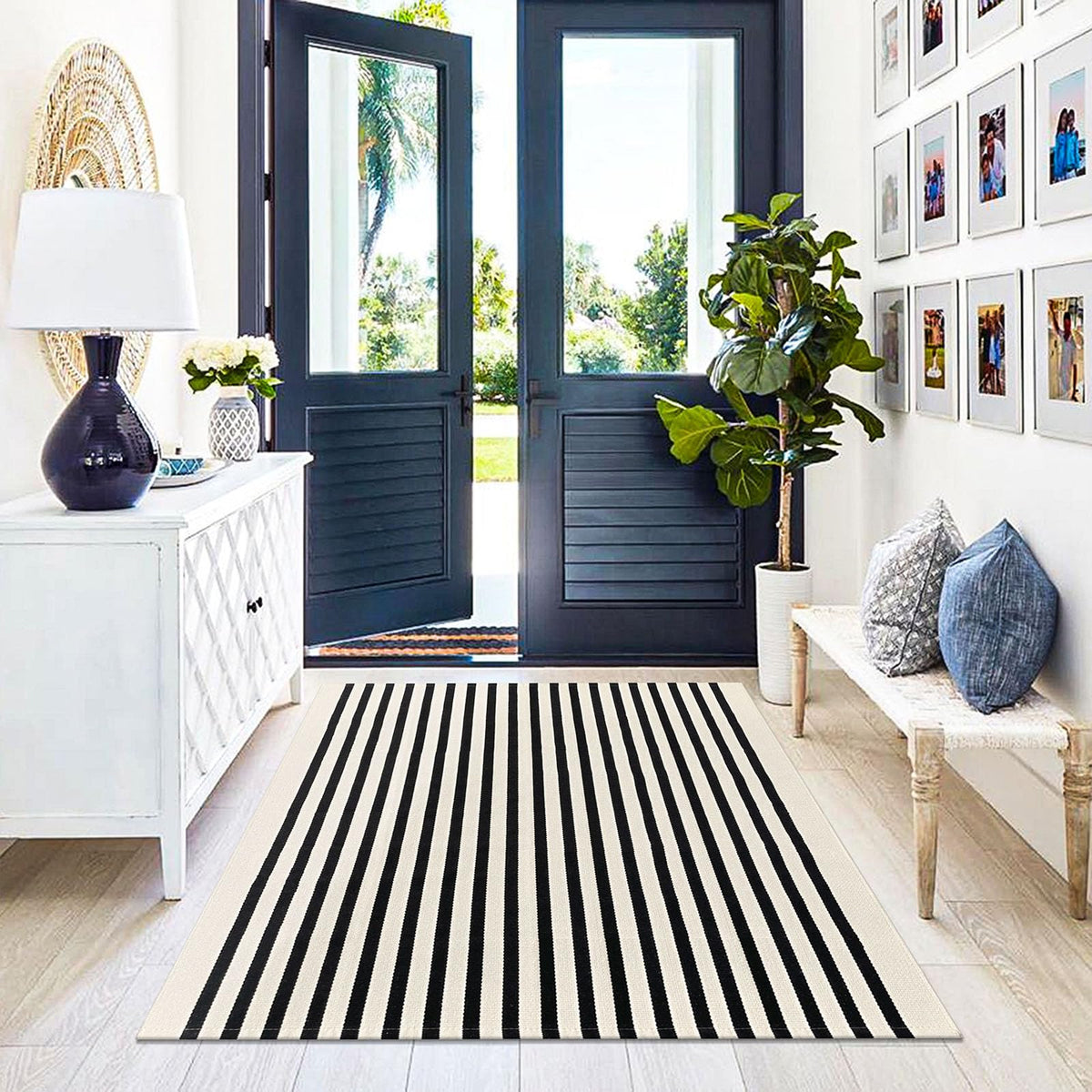 KILOCOCO patio rug beige-black stripes, fits under doors
