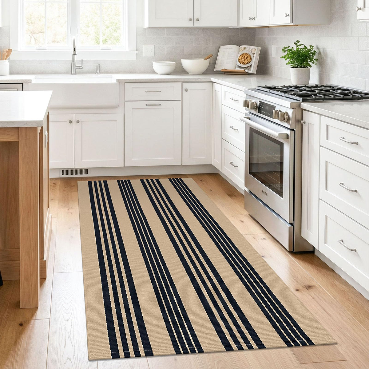 KILOCOCO striped rug without non-slip backing paired with a rug pad for safety