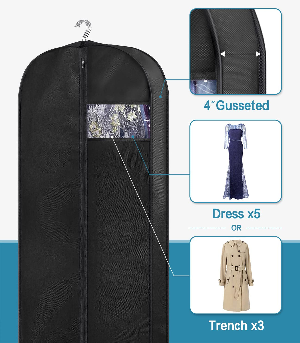 KIMBORA three-pack dress bags with gusseted design for capacity and organization.