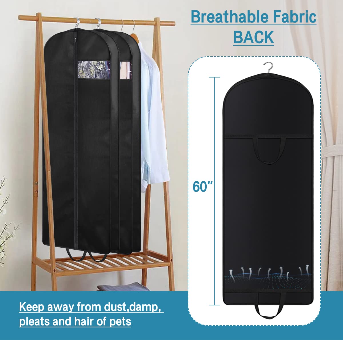KIMBORA clear PVC window on dress bag for quick item visibility and access.