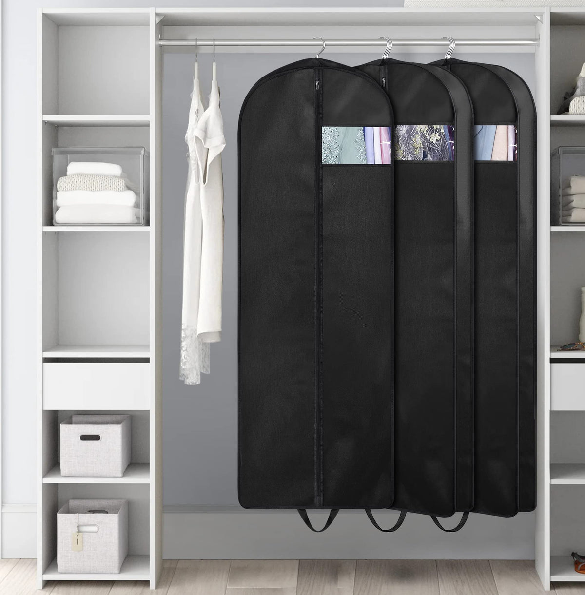 KIMBORA foldable handles on dress bag for convenient travel packing.