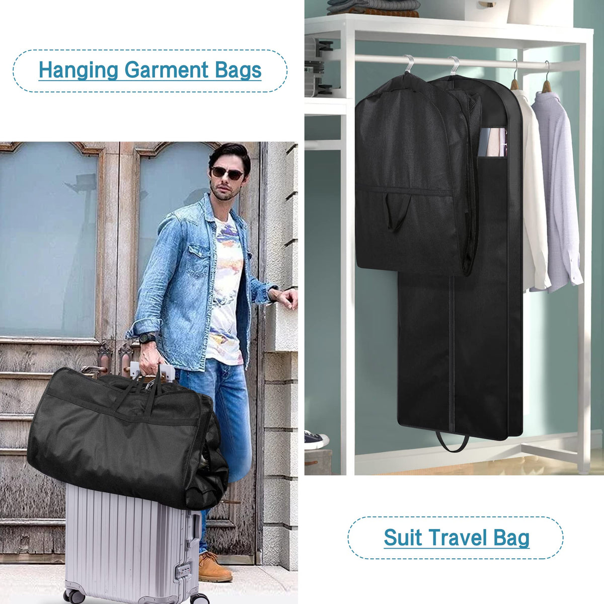 KIMBORA gusseted 4-inch dress bag showing expanded capacity for multiple garments.