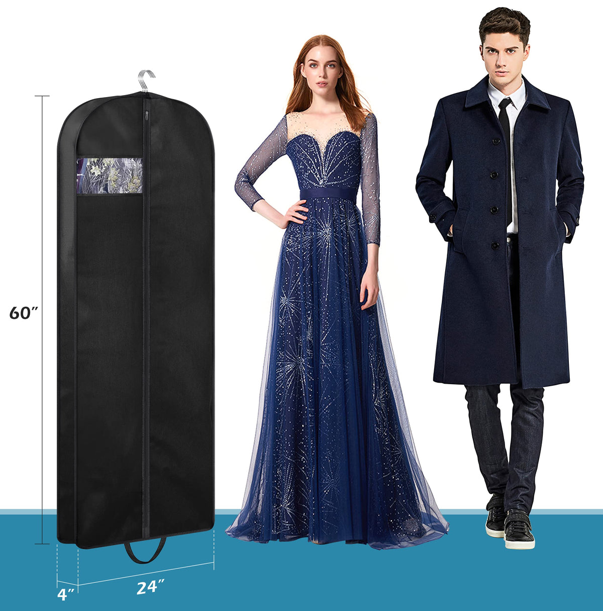 KIMBORA long coats and dresses stored neatly in a closet with garment bag.