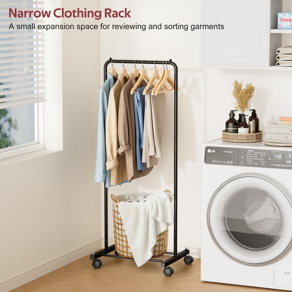 KIMBORA rack loaded with coats to illustrate stability under full load