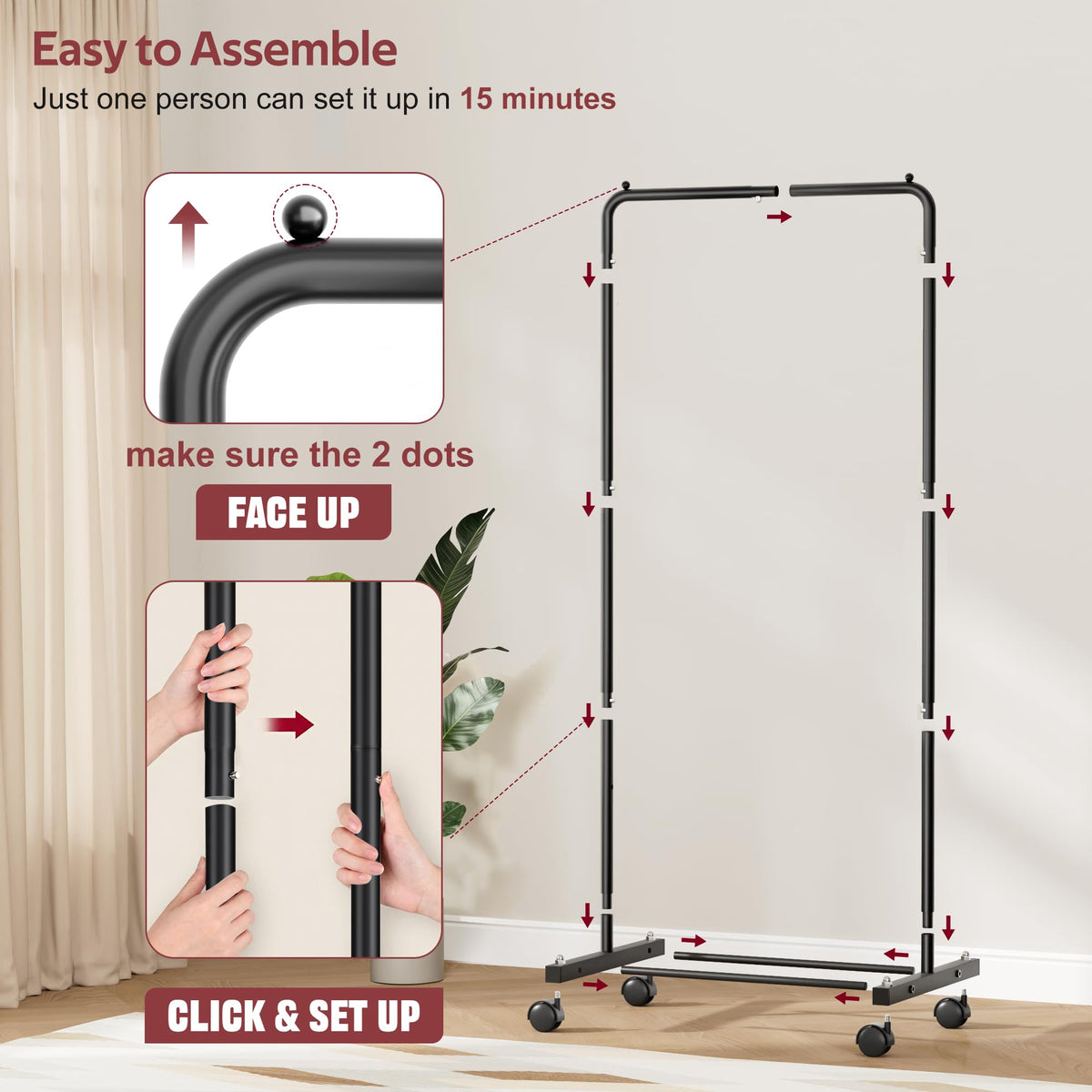 KIMBORA rack rolling casters in action for easy room-to-room movement