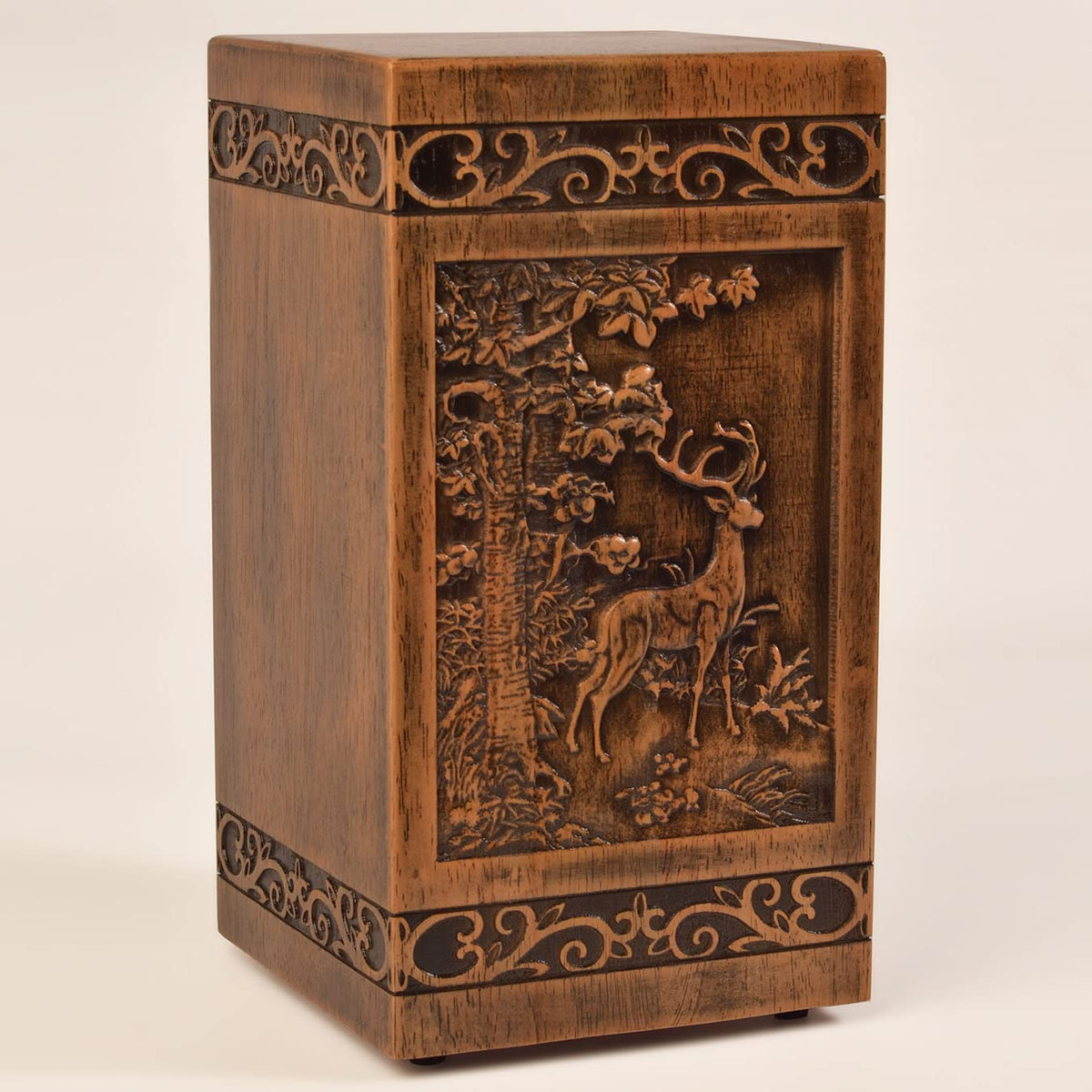 KIMNAG 3D hand-carved trees and deer urn showing artisanship