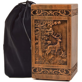 KIMNAG Deer XL wood urn with 250 lbs capacity, featuring deer motif