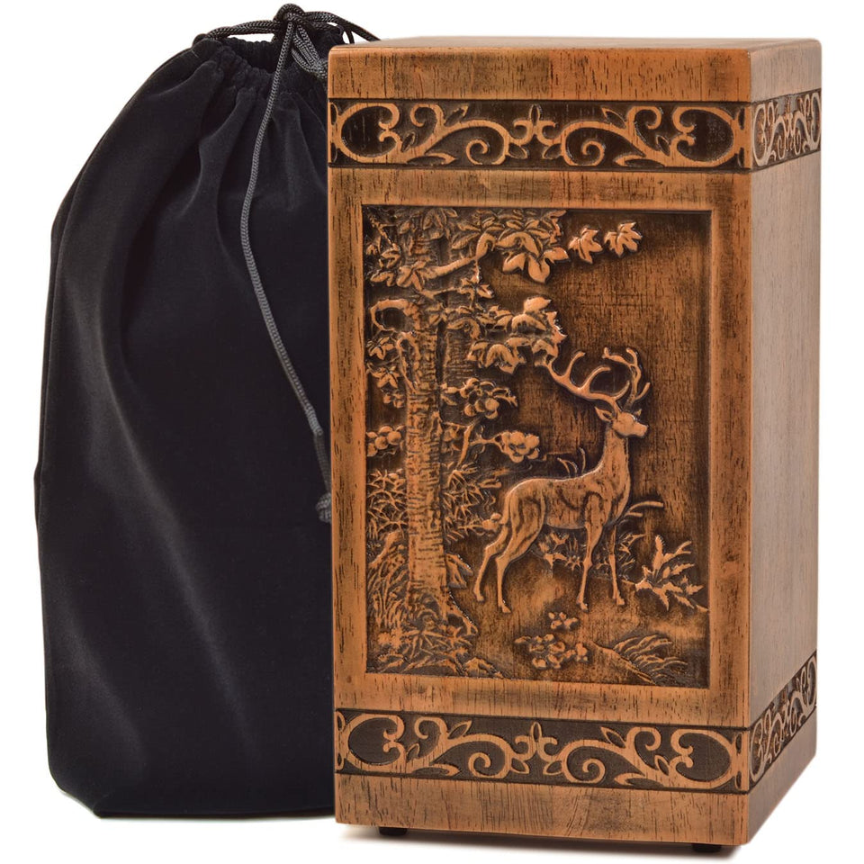 KIMNAG Deer XL wood urn with 250 lbs capacity, featuring deer motif