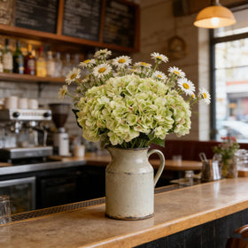 Kimura's Cabin lime-green hydrangea set adds vibrant color to tables.