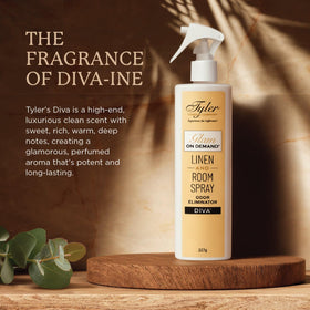 Kinara Diva linen spray back label; neutralizes odors in bedrooms