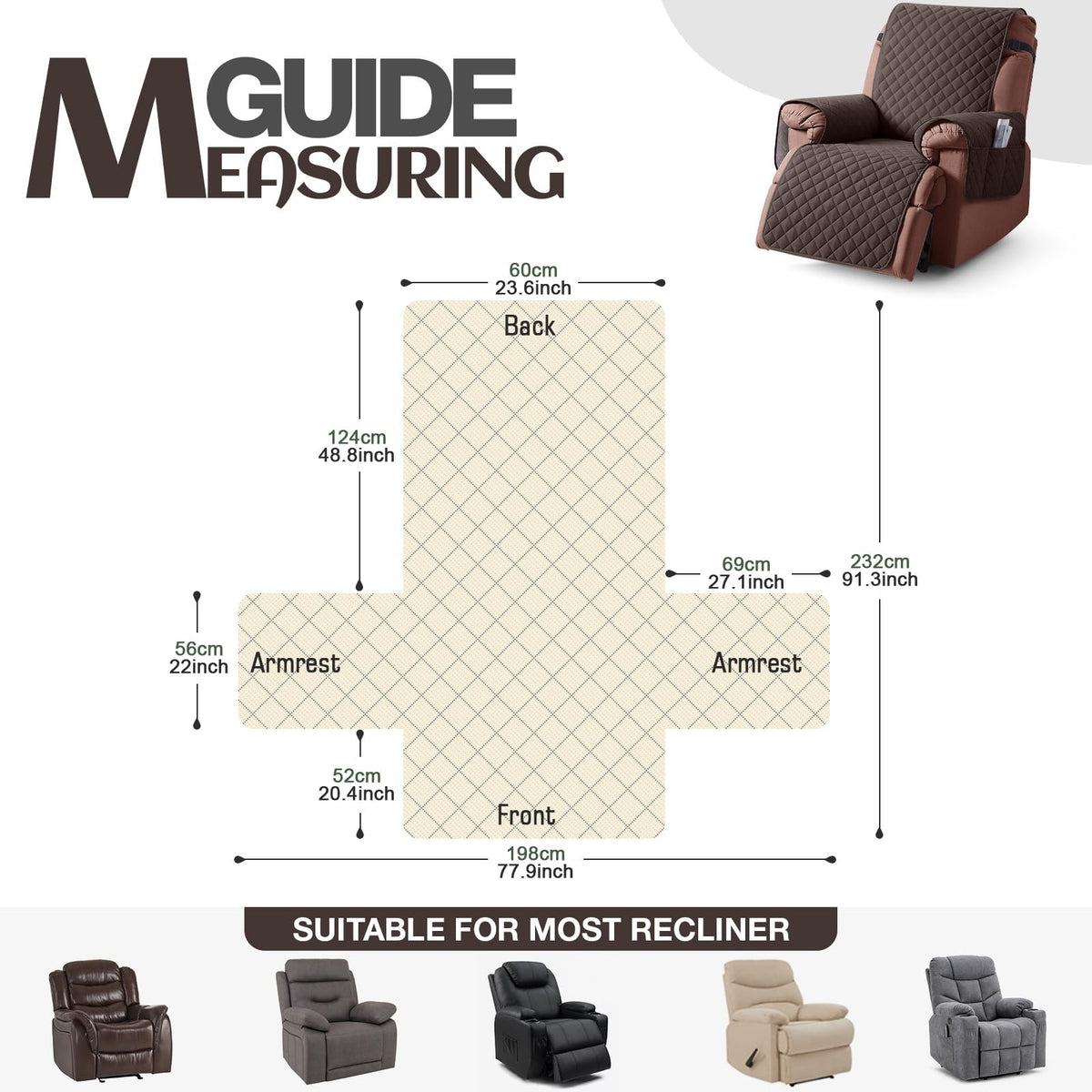 KinCam recliner cover with elastic straps secures a snug fit.