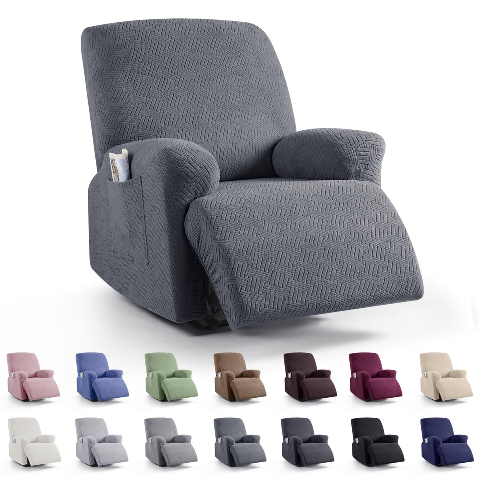KinCam recliner cover closeup highlighting soft stretch fabric for a snug, secure fit.
